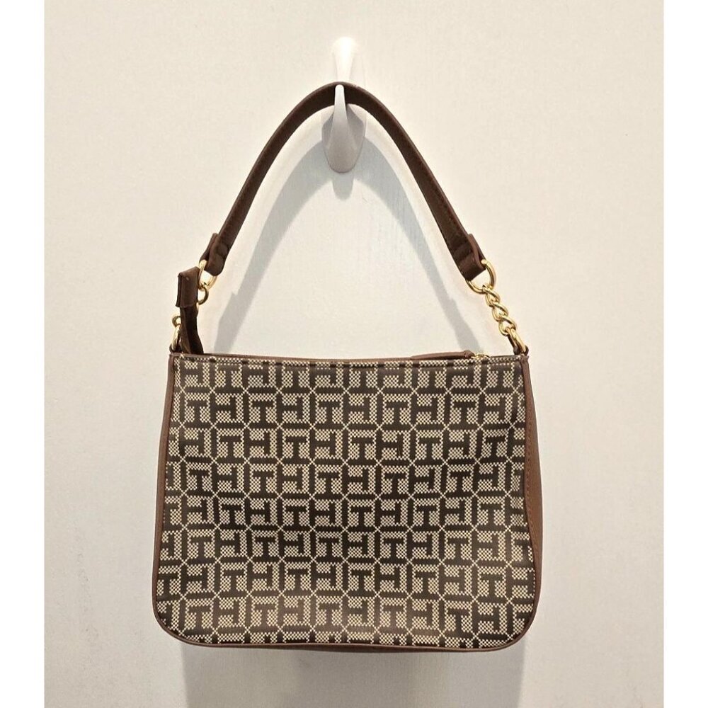 Tommy Hilfiger Monogram Tan & Brown Shoulder Bag With Gold Accents - Picture 2 of 9